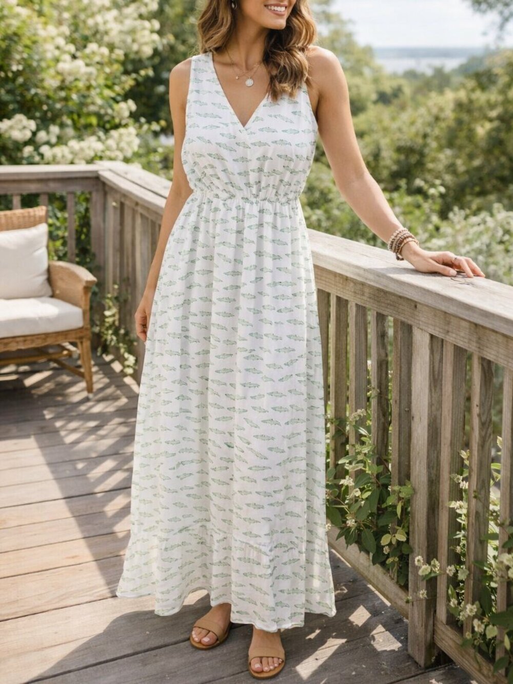 a new day White Maxi Dress with Green Fish Print